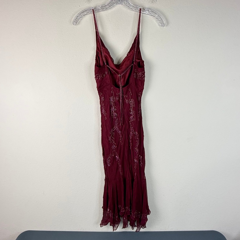 Scala Dress Womens S Burgundy Silk Beaded Handkerchief Hem Cowl Neck Y2K - Picture 5 of 9